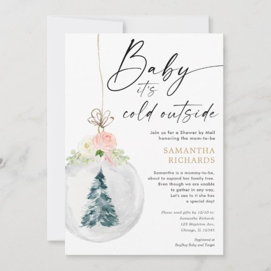 Winter Shower: Mail roze Gold girl baby shower Kaart (Voorkant)