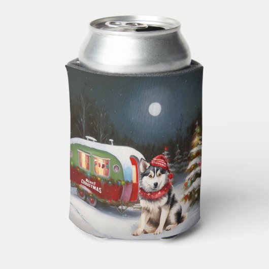 Winter Siberische Husky Caravan Kerstavontuur Blikjeskoeler (Blikje Achterkant)