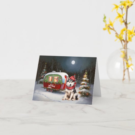 Winter Siberische Husky Caravan Kerstavontuur Kaart (Gele Bloem)