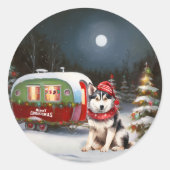 Winter Siberische Husky Caravan Kerstavontuur Ronde Sticker (Voorkant)