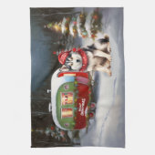 Winter Siberische Husky Caravan Kerstavontuur Theedoek (Verticaal)