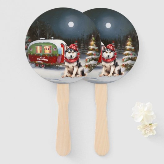 Winter Siberische Husky Karavaan Kerstmis Avontuur Handwaaier (Voorkant en achterkant)