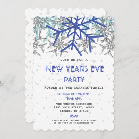 Winter Silver Blue Snowflake NEW YEARS EVE PARTY Kaart (Voorkant / Achterkant)