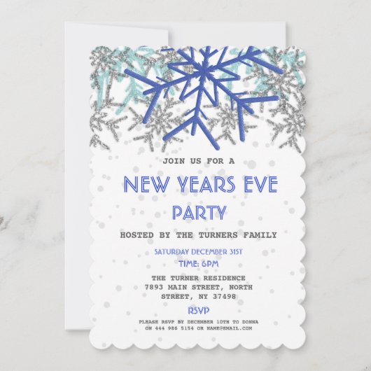 Winter Silver Blue Snowflake NEW YEARS EVE PARTY Kaart (Voorkant)