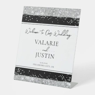 Winter Silver en Black Glitter Weduwen Welkom Reclamebord Met Voetstuk
