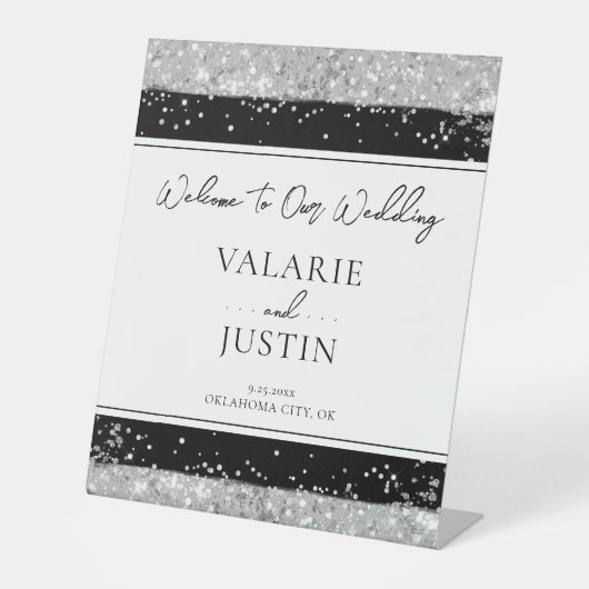 Winter Silver en Black Glitter Weduwen Welkom Reclamebord Met Voetstuk (Voorkant)