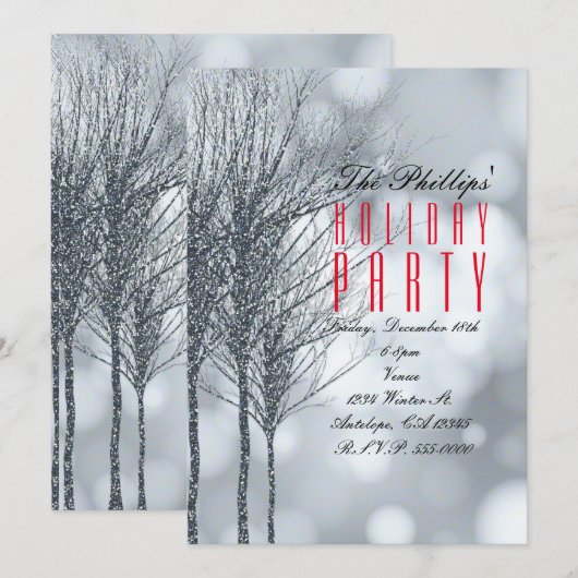 Winter Silver Glitter Trees Party Invitations Kaart (Voorkant / Achterkant)