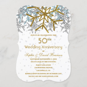 Winter Silver Gold Snowflakes 50th Wedding Party Kaart
