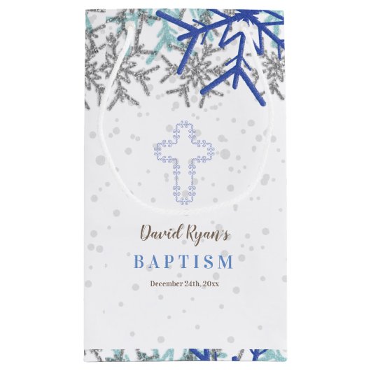 Winter Silver Navy Blue Snowflake Baptism Invite Klein Cadeauzakje (Achterkant)