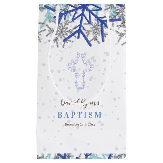 Winter Silver Navy Blue Snowflake Baptism Invite Klein Cadeauzakje (Voorkant)