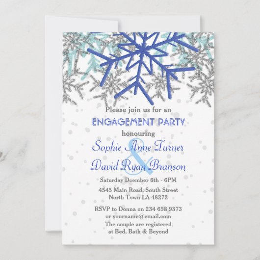 Winter Silver Navy Blue Snowflake Engagement Party Kaart (Voorkant)