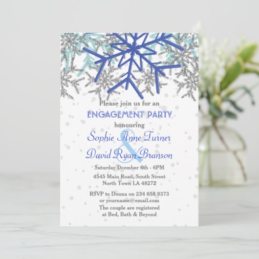 Winter Silver Navy Blue Snowflake Engagement Party Kaart (Staand voorkant)