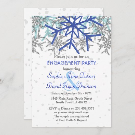 Winter Silver Navy Blue Snowflake Engagement Party Kaart (Voorkant / Achterkant)