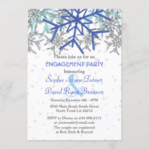 Winter Silver Navy Blue Snowflake Engagement Party Kaart