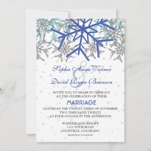 Winter Silver Navy Blue Snowflakes Weddenschap Kaart (Voorkant)