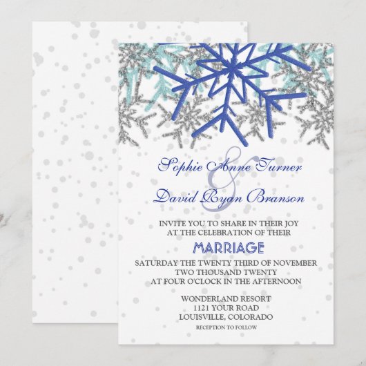 Winter Silver Navy Blue Snowflakes Weddenschap Kaart (Voorkant / Achterkant)