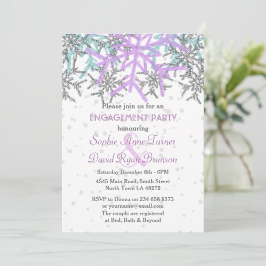 Winter Silver Paarse Sneeuwvlokken Engagement Part Kaart (Staand voorkant)