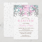 Winter Silver Pink Snowflake Baptism Invite Kaart (Voorkant / Achterkant)