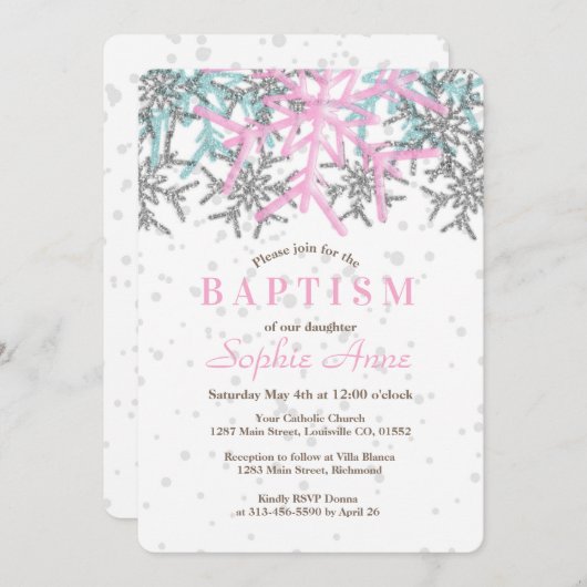 Winter Silver Pink Snowflake Baptism Invite Kaart (Voorkant / Achterkant)