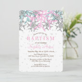 Winter Silver Pink Snowflake Baptism Invite Kaart (Staand voorkant)