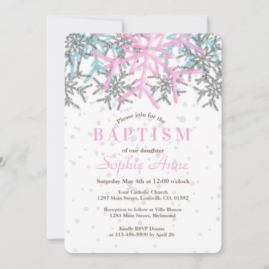 Winter Silver Pink Snowflake Baptism Invite Kaart (Voorkant)