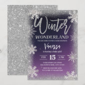 Winter Silver Snowflakes Paars Baby shower Kaart (Voorkant / Achterkant)
