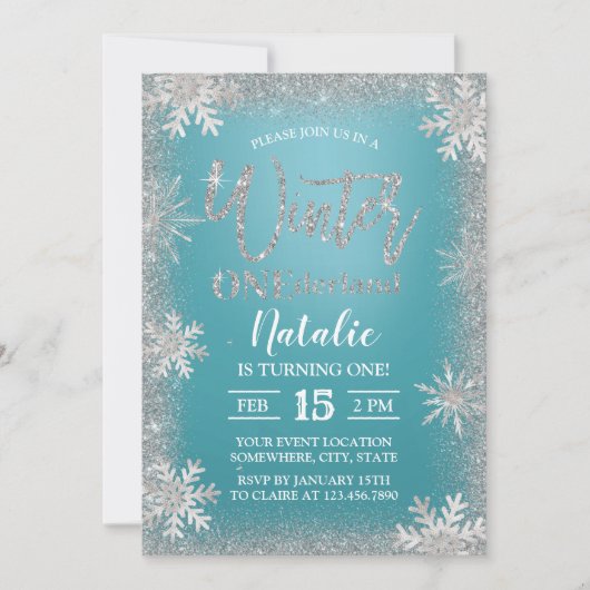 Winter Silver Snowflakes Turquoise 1st Birthday Kaart (Voorkant)