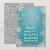 Winter Silver Snowflakes Turquoise 1st Birthday Kaart (Voorkant / Achterkant)