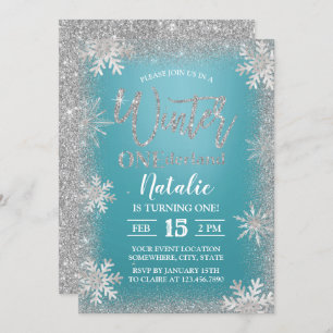 Winter Silver Snowflakes Turquoise 1st Birthday Kaart