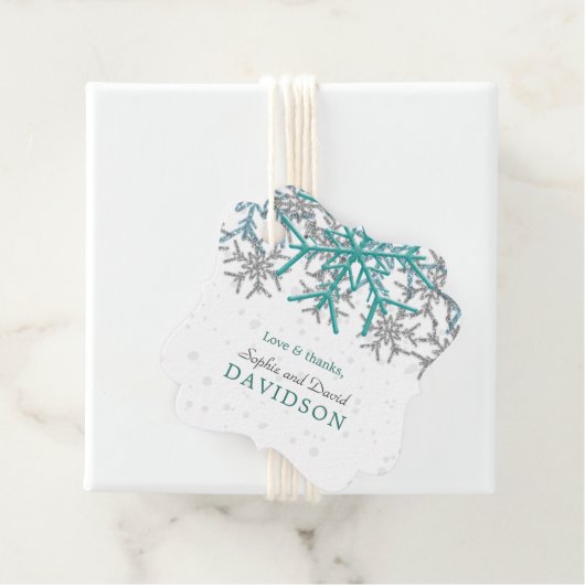 Winter Silver Turquoise Snowflakes Wedding Bedankjes Labels (In situ)