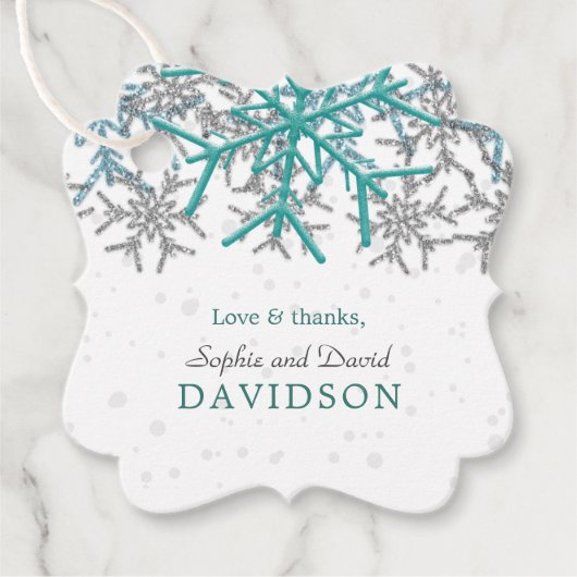 Winter Silver Turquoise Snowflakes Wedding Bedankjes Labels (Voorkant)
