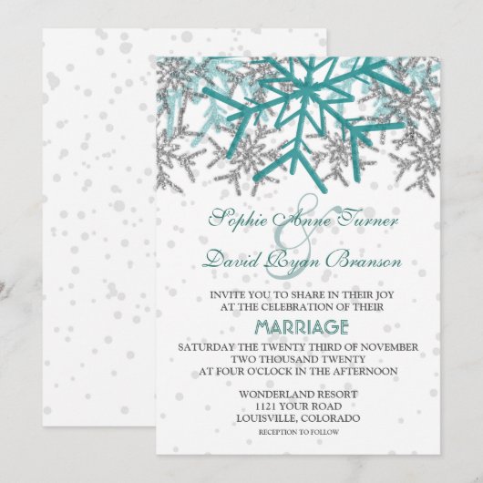 Winter Silver Turquoise Snowflakes Wedding Kaart (Voorkant / Achterkant)