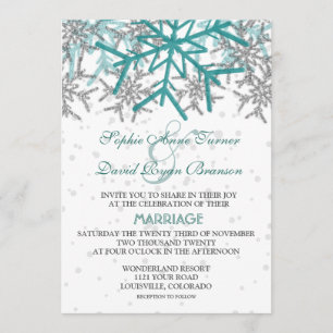 Winter Silver Turquoise Snowflakes Wedding Kaart
