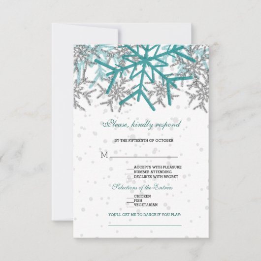 Winter Silver Turquoise Snowflakes Wedding RSVP Kaartje (Voorkant)