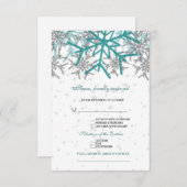 Winter Silver Turquoise Snowflakes Wedding RSVP Kaartje (Voorkant / Achterkant)