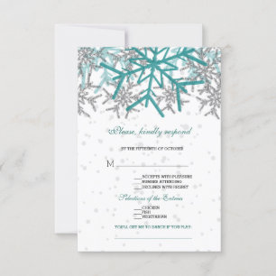Winter Silver Turquoise Snowflakes Wedding RSVP Kaartje