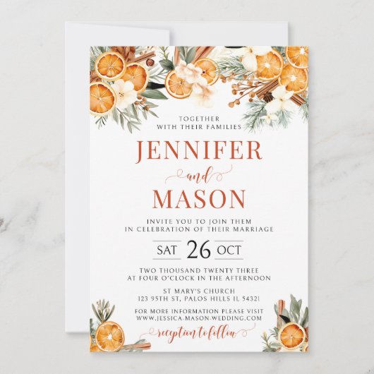 Winter sinaasappels Kerst bruiloft uitnodiging (Voorkant)