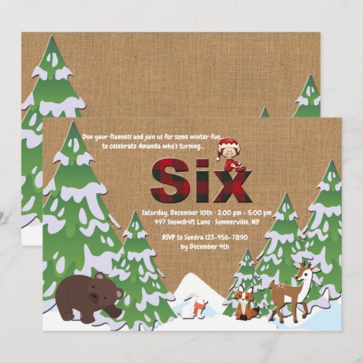 Winter Six Birthday Party Uitnodiging (Voorkant / Achterkant)