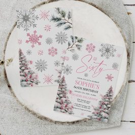 Winter Sixty Birthday Invitation, roze en zilver Kaart