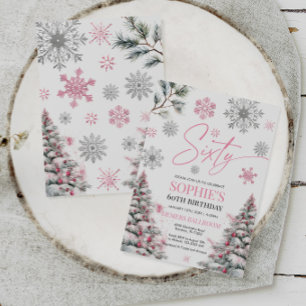 Winter Sixty Birthday Invitation, roze en zilver Kaart