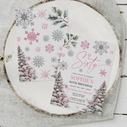 Winter Sixty Birthday Invitation, roze en zilver Kaart