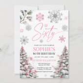 Winter Sixty Birthday Invitation, roze en zilver Kaart (Voorkant)