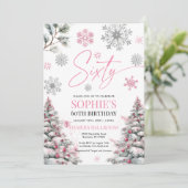 Winter Sixty Birthday Invitation, roze en zilver Kaart (Staand voorkant)