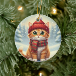 Winter Sjaal Kat Kerstmis Kat met Geruite Sjaal Keramisch Ornament
