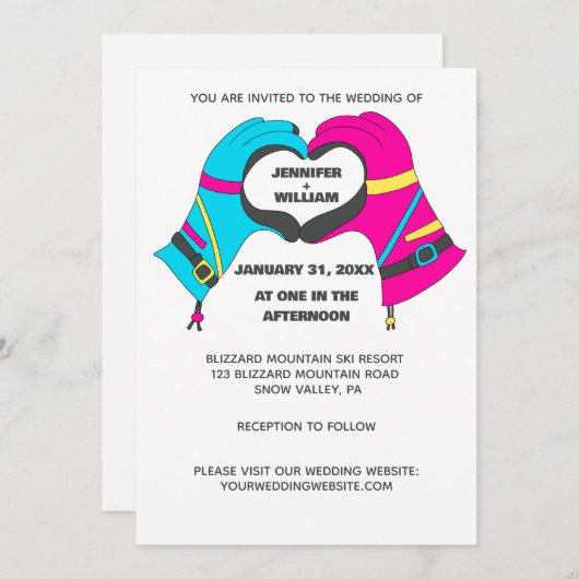 Winter Ski Handschoenen handen in hartvorm trouwju Kaart (Voorkant / Achterkant)