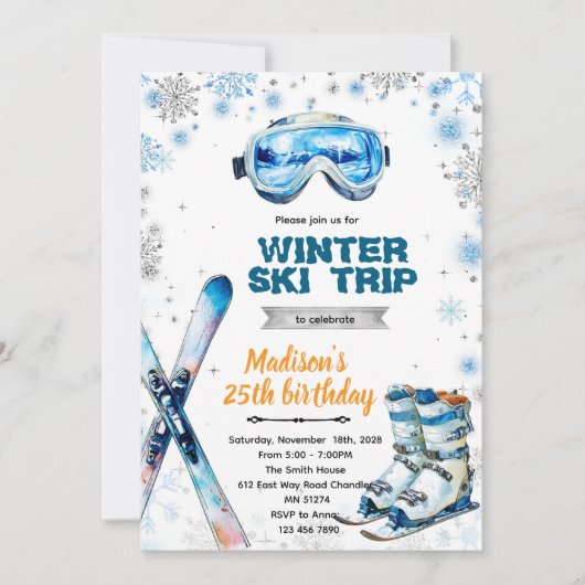 Winter ski party theme invitation kaart (Voorkant)