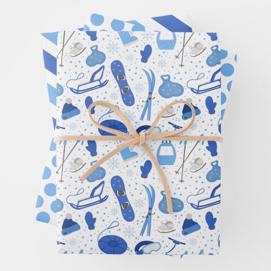 Winter Ski Sled Snowboard Wrapping Paper Set of 3 (In situ)
