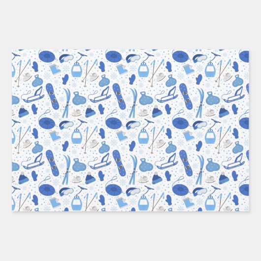 Winter Ski Sled Snowboard Wrapping Paper Set of 3 (Voorkant)