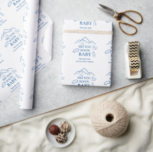 Winter Ski You Soon Blauwe Jongen Baby Shower Cadeaupapier