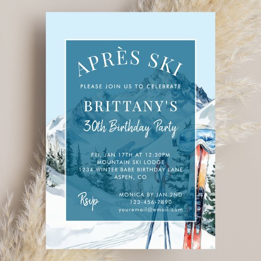 Winter Skiing Watercolor Apres Ski Birthday Party Kaart